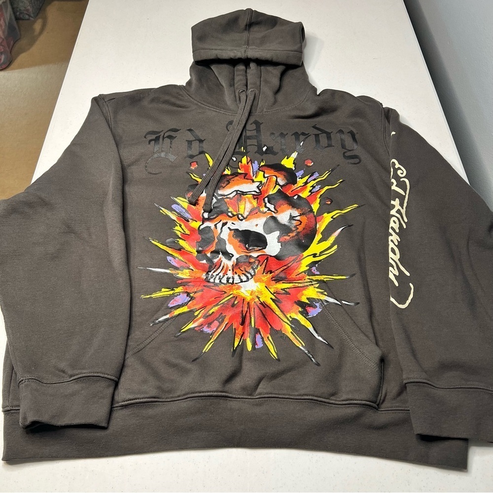 Ed Hardy Charcoal Grey Hoodie with an "Exploding Skull" Graphic